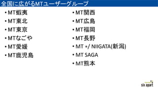 全国に広がるMTユーザーグループ
• MT蝦夷
• MT東北
• MT東京
• MTなごや
• MT愛媛
• MT鹿児島
• MT関西
• MT広島
• MT福岡
• MT長野
• MT ∗/ NIIGATA(新潟)
• MT SAGA
• MT熊本
 
