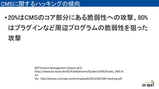 CMSに関するハッキングの傾向
•20%はCMSのコア部分にある脆弱性への攻撃、80%
はプラグインなど周辺プログラムの脆弱性を狙った
攻撃
BSI「Content Management Syttem」より
https://www.bsi.bund.de/DE/Publikationen/Studien/CMS/Studie_CMS.ht
ml
Via http://phxsac.com/wp-content/uploads/2013/06/CMS-Hacking.pdf
 