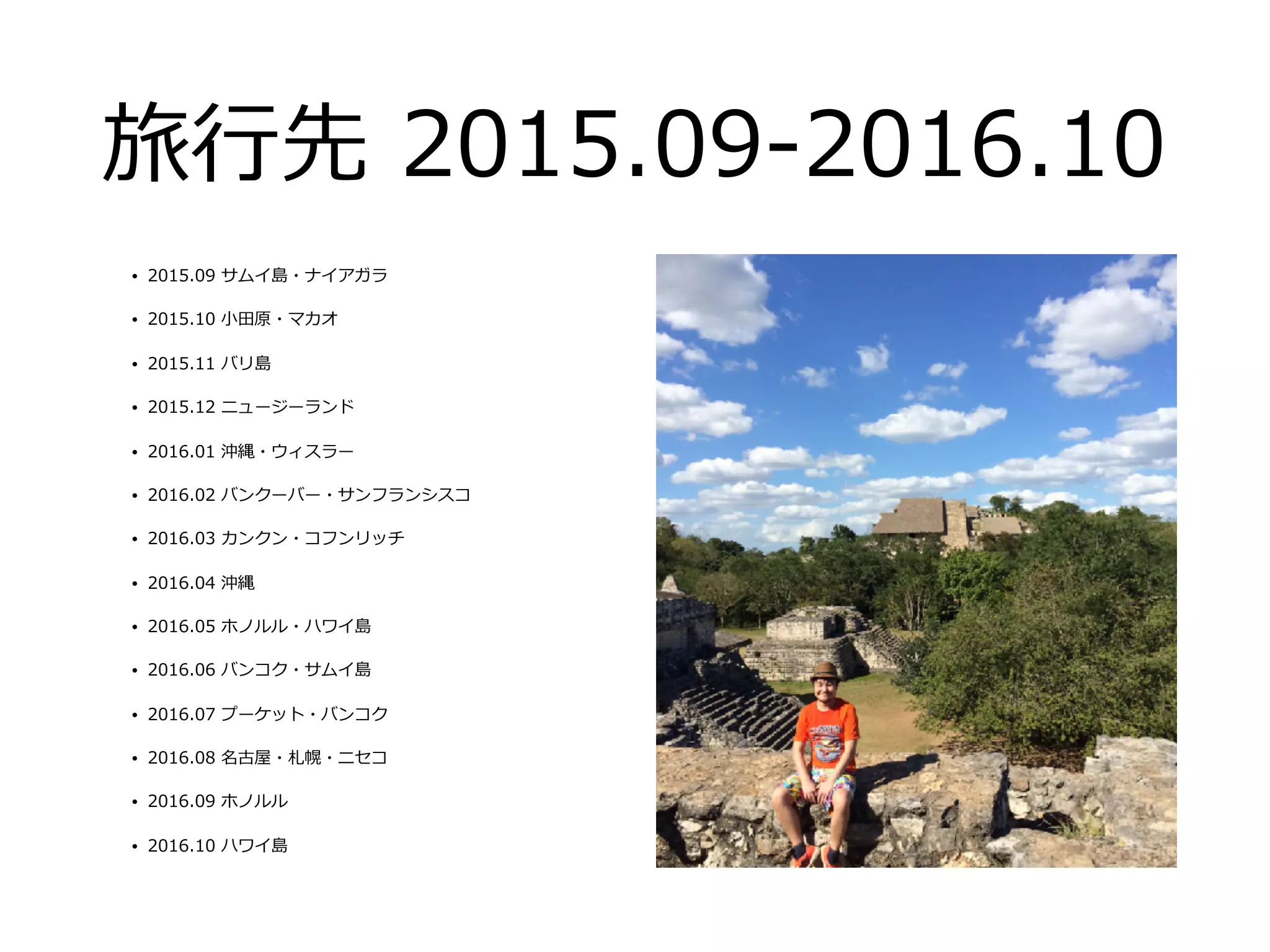 旅⾏先 2015.09-2016.10
• 2015.09 サムイ島・ナイアガラ
• 2015.10 ⼩⽥原・マカオ
• 2015.11 バリ島
• 2015.12 ニュージーランド
• 2016.01 沖縄・ウィスラー
• 2016.02 バンクーバー・サンフランシスコ
• 2016.03 カンクン・コフンリッチ
• 2016.04 沖縄
• 2016.05 ホノルル・ハワイ島
• 2016.06 バンコク・サムイ島
• 2016.07 プーケット・バンコク
• 2016.08 名古屋・札幌・ニセコ
• 2016.09 ホノルル
• 2016.10 ハワイ島
 