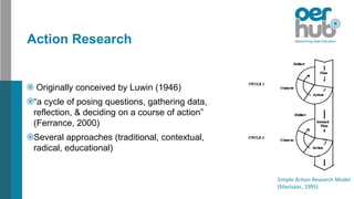 Action Research
Originally conceived by Luwin (1946)
“a cycle of posing questions, gathering data,
reflection, & deciding on a course of action”
(Ferrance, 2000)
Several approaches (traditional, contextual,
radical, educational)
Simple Action Research Model
(MacIsaac, 1995)
 