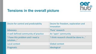 Tensions in the overall picture
Desire for control and predictability Desire for freedom, exploration and
innovation
Advocacy ‘Pure’ research
A well defined community of practice An ‘open’ community
‘I have this problem and I need a
solution…’
‘I think research should be done in…’
Local context Global context
Pragmatic Ideological
 