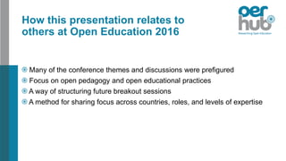 How this presentation relates to
others at Open Education 2016
Many of the conference themes and discussions were prefigured
Focus on open pedagogy and open educational practices
A way of structuring future breakout sessions
A method for sharing focus across countries, roles, and levels of expertise
 