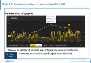© 46
Objet # 2 Montre connectée - Le service Quantified Self
Données avec infographie
Signaux de vitesse et altitude avec informations complémentaires:
moyenne, maximum et statistiques intermédiairesActivité :
RUN
 