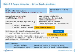 © 51
Objet # 2 Montre connectée - Service Coach. Algorithme
Input :
ID, GPS, date, altitude, durée
Michel , (48.840 2.59), 2014-09-26 11:05:44, 62, t=0
Identification de l’activité
Run
Apprentissage personnalisé:
dans l’historique Michel
• recherche des runs avec signaux sur [0,t]
similaires
o parcours déjà vu - GPS
o parcours nouveau - altitude
Apprentissage collaboratif:
dans l’historique des users de la
communauté de Michel
• recherche des runs similaires
(règles a priori puis knn : GPS, dénivelé, durée)
Comparaison des données instantanées : vitesse, bpm
Comparaison des indicateurs : T début du fractionné, période du fractionné
Prévision de durée – parcours déjà vu -
Ouput : messages
• trop lent, accélère
• bpm trop rapide, repos
• si tu tiens le rythme, tu exploses ton record
• si tu tiens le rythme, tu prends 2 minutes à Pascal
Identifications des caractéristiques de ces runs :
o durée, vitesse (moyenne/accidents), altitude, bpm
Pré-traité
Caractéristiques Niveau 1
Caractéristiques Niveau 2
 