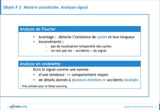 © 54
Objet # 2 Montre connectée. Analyse signal
 Avantage : détecte l’existence de cycles et leur longueur
 Inconvénients :
o pas de localisation temporelle des cycles
o ne voit pas les « accidents » du signal
Analyse de Fourier
Ecrit le signal comme une somme
 d’une tendance >> comportement moyen
 de détails donnés à plusieurs échelles >> accidents localisés
Analyse en ondelette
- Très utilisée pour le Deep Learning
 