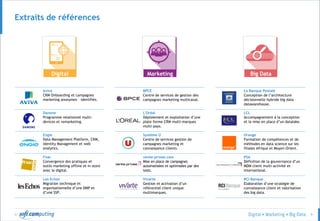 © 9
Extraits de références
Digital Marketing Big Data
Aviva
CRM Onboarding et campagnes
marketing anonymes – identifiés.
Danone
Programme relationnel multi-
devices et remarketing.
Engie
Data Management Platform, CRM,
Identity Management et web
analytics.
Fnac
Convergence des pratiques et
outils marketing offline et in store
avec le digital.
Les Echos
Migration technique et
organisationnelle d’une DMP et
d’une SSP.
BPCE
Centre de services de gestion des
campagnes marketing multicanal.
L'Oréal
Déploiement et exploitation d’une
plate-forme CRM multi-marques
multi-pays.
Système U
Centre de services gestion de
campagnes marketing et
connaissance clients.
vente-privee.com
Mise en place de campagnes
automatisées et optimisées par des
tests.
Vivarte
Gestion et activation d’un
référentiel client unique
multimarques.
La Banque Postale
Conception de l’architecture
décisionnelle hybride big data –
datawarehouse.
LCL
Accompagnement à la conception
et la mise en place d’un datalake.
Orange
Formation de compétences et de
méthodes en data science sur les
filiales Afrique et Moyen-Orient.
PSA
Définition de la gouvernance d’un
MDM client multi-activité et
international.
RCI Banque
Elaboration d’une stratégie de
connaissance client et valorisation
des big data.
 