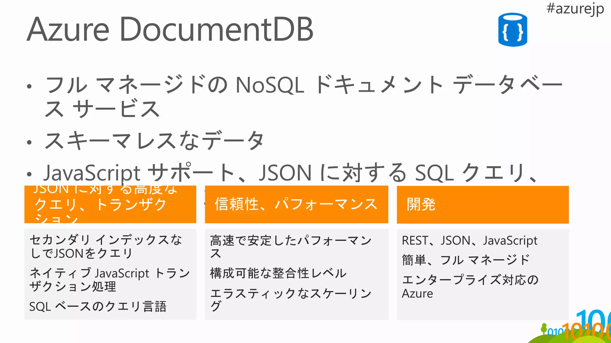 高速で安定したパフォーマン
ス
構成可能な整合性レベル
エラスティックなスケーリン
グ
セカンダリ インデックスな
しでJSONをクエリ
ネイティブ JavaScript トラン
ザクション処理
SQL ベースのクエリ言語
REST、JSON、JavaScript
簡単、フル マネージド
エンタープライズ対応の
Azure
 