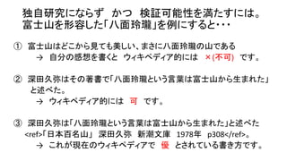 独自研究にならず かつ 検証可能性を満たすには。
富士山を形容した「八面玲瓏」を例にすると・・・
① 富士山はどこから見ても美しい、まさに八面玲瓏の山である
→ 自分の感想を書くと ウィキペディア的には ×(不可) です。
② 深田久弥はその著書で「八面玲瓏という言葉は富士山から生まれた」
と述べた。
→ ウィキペディア的には 可 です。
③ 深田久弥は「八面玲瓏という言葉は富士山から生まれた」と述べた
<ref>「日本百名山」 深田久弥 新潮文庫 1978年 p308</ref>。
→ これが現在のウィキペディアで 優 とされている書き方です。
 