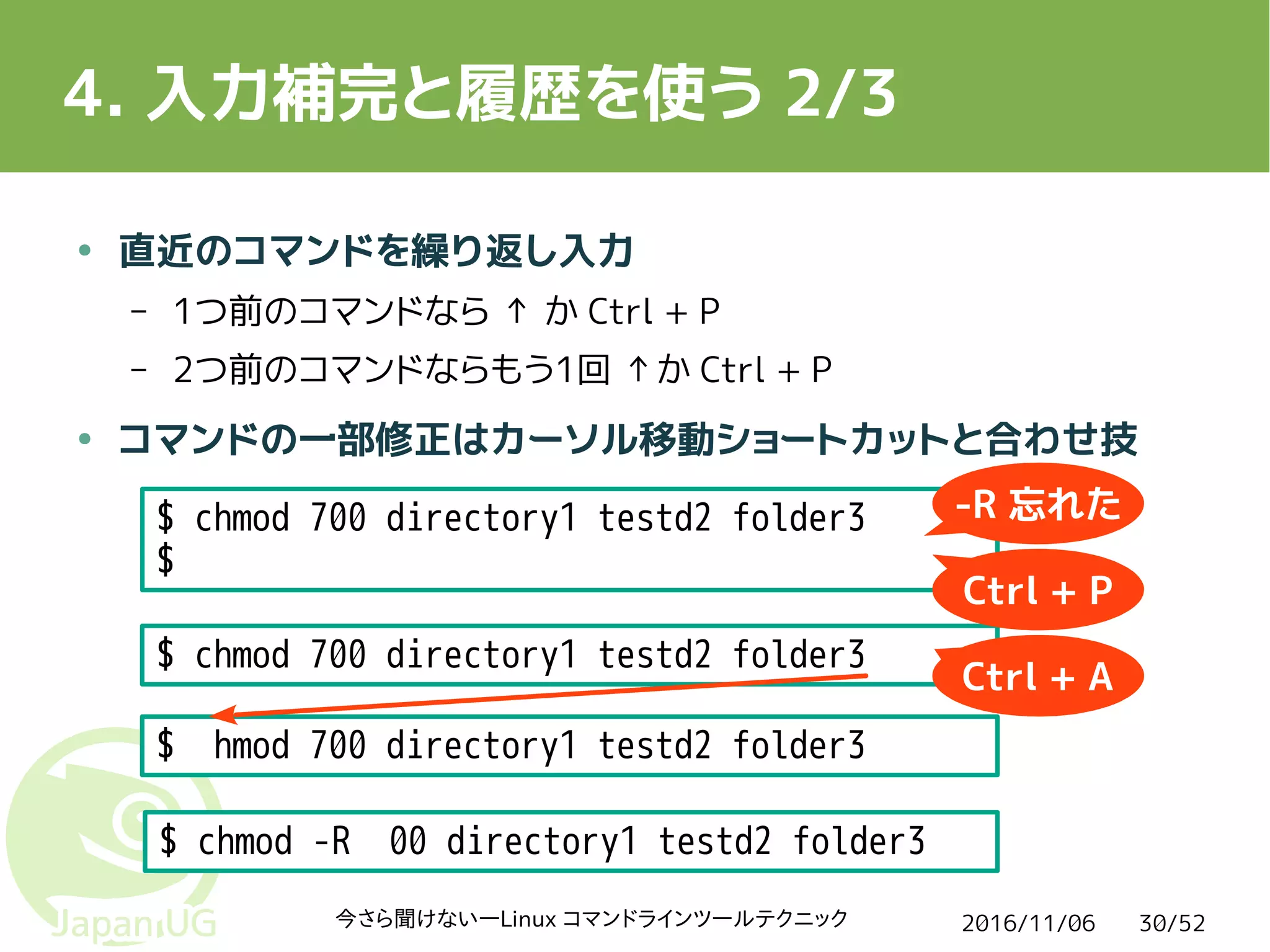2016/11/06今さら聞けない―Linux コマンドラインツールテクニック 30/52
4. 入力補完と履歴を使う 2/3
● 直近のコマンドを繰り返し入力
– 1つ前のコマンドなら ↑ か Ctrl + P
– 2つ前のコマンドならもう1回 ↑か Ctrl + P
● コマンドの一部修正はカーソル移動ショートカットと合わせ技
$ chmod 700 directory1 testd2 folder3
$
$ chmod 700 directory1 testd2 folder3
$ chmod 700 directory1 testd2 folder3
$ chmod -R 700 directory1 testd2 folder3
-R 忘れた
Ctrl + P
Ctrl + A
 
