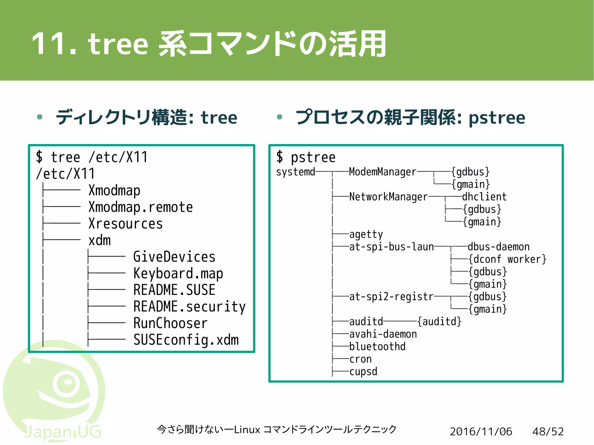 2016/11/06今さら聞けない―Linux コマンドラインツールテクニック 48/52
● ディレクトリ構造: tree
11. tree 系コマンドの活用
● プロセスの親子関係: pstree
$ tree /etc/X11
/etc/X11
├── Xmodmap
├── Xmodmap.remote
├── Xresources
├── xdm
│   ├── GiveDevices
│   ├── Keyboard.map
│   ├── README.SUSE
│   ├── README.security
│   ├── RunChooser
│   ├── SUSEconfig.xdm
$ pstree
systemd─┬─ModemManager─┬─{gdbus}
│ └─{gmain}
├─NetworkManager─┬─dhclient
│ ├─{gdbus}
│ └─{gmain}
├─agetty
├─at-spi-bus-laun─┬─dbus-daemon
│ ├─{dconf worker}
│ ├─{gdbus}
│ └─{gmain}
├─at-spi2-registr─┬─{gdbus}
│ └─{gmain}
├─auditd───{auditd}
├─avahi-daemon
├─bluetoothd
├─cron
├─cupsd
 