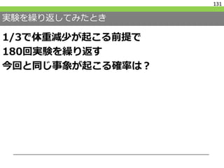 実験を繰り返してみたとき
1/3で体重減少が起こる前提で
180回実験を繰り返す
今回と同じ事象が起こる確率は？
131
 