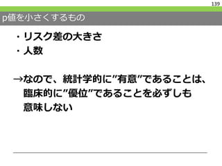p値を小さくするもの
・リスク差の大きさ
・人数
→なので、統計学的に”有意”であることは、
臨床的に”優位”であることを必ずしも
意味しない
139
 