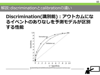 解説:discriminationとcalibrationの違い
Discrimination(識別能)：アウトカムにな
るイベントのありなしを予測モデルが区別
する性能
60
 