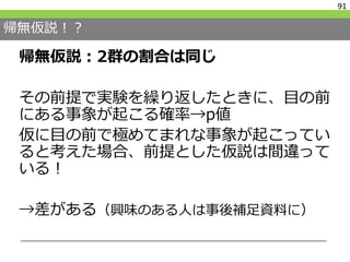 帰無仮説！？
帰無仮説：2群の割合は同じ
その前提で実験を繰り返したときに、目の前
にある事象が起こる確率→p値
仮に目の前で極めてまれな事象が起こってい
ると考えた場合、前提とした仮説は間違って
いる！
→差がある（興味のある人は事後補足資料に）
91
 