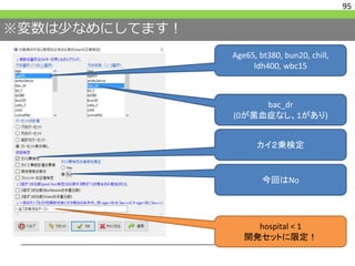 ※変数は少なめにしてます！
95
Age65, bt380, bun20, chill,
ldh400, wbc15
bac_dr
(0が菌血症なし、1があり)
カイ２乗検定
今回はNo
hospital < 1
開発セットに限定！
 