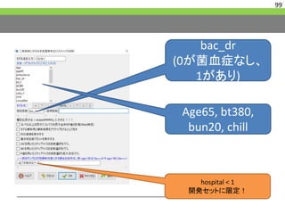 99
bac_dr
(0が菌血症なし、
1があり)
Age65, bt380,
bun20, chill
hospital < 1
開発セットに限定！
 