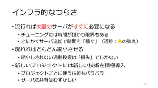 インフラ的なつらさ
• 流行れば大量のサーバがすぐに必要になる
• チューニングには時間が掛かり限界もある
• とにかくサーバ追加で時間を「稼ぐ」（通称：金の弾丸）
• 廃れればどんどん縮小させる
• 縮小しきれない過剰投資は「損失」でしかない
• 新しいプロジェクトには新しい技術を積極導入
• プロジェクトごとに使う技術もバラバラ
• サーバの共有はむずかしい
14
 