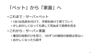 「ペット」から「家畜」へ
• これまで：サーバ＝ペット
• 1台1台名前を付けて、手間を掛けて育てていく
• 少しおかしくなっても直して死ぬまで面倒を見る
• これから：サーバ＝家畜
• 集団の役割だけを見て、1台ずつの個別の面倒は見ない
• おかしくなったら殺す
28
 