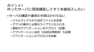 ポイント1
作ったサーバに環境構築してすぐ本番投入したい
• サーバの構築や運用の手間はかわらない
• ミドルウェア入れて設定ファイルを変更
• アプリの動作に必要なライブラリも入れる
• 最新のアプリケーションをデプロイ（設置）
• アプリケーション設定（DB認証情報等）も設置
• アプリケーションのプロセスを起動
32
 