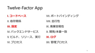 Twelve-Factor App
I. コードベース
II. 依存関係
III. 設定
IV. バックエンドサービス
V. ビルド、リリース、実行
VI. プロセス
38
VII. ポートバインディング
VIII. 並行性
IX. 廃棄容易性
X. 開発/本番一致
XI. ログ
XII. 管理プロセス
 