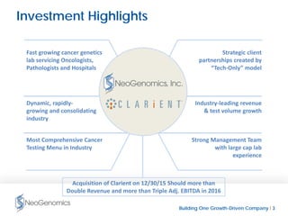 Building One Growth-Driven Company l 3
Investment Highlights
Fast growing cancer genetics
lab servicing Oncologists,
Pathologists and Hospitals
Strategic client
partnerships created by
“Tech-Only” model
Dynamic, rapidly-
growing and consolidating
industry
Industry-leading revenue
& test volume growth
Most Comprehensive Cancer
Testing Menu in Industry
Strong Management Team
with large cap lab
experience
Acquisition of Clarient on 12/30/15 Should more than
Double Revenue and more than Triple Adj. EBITDA in 2016
 