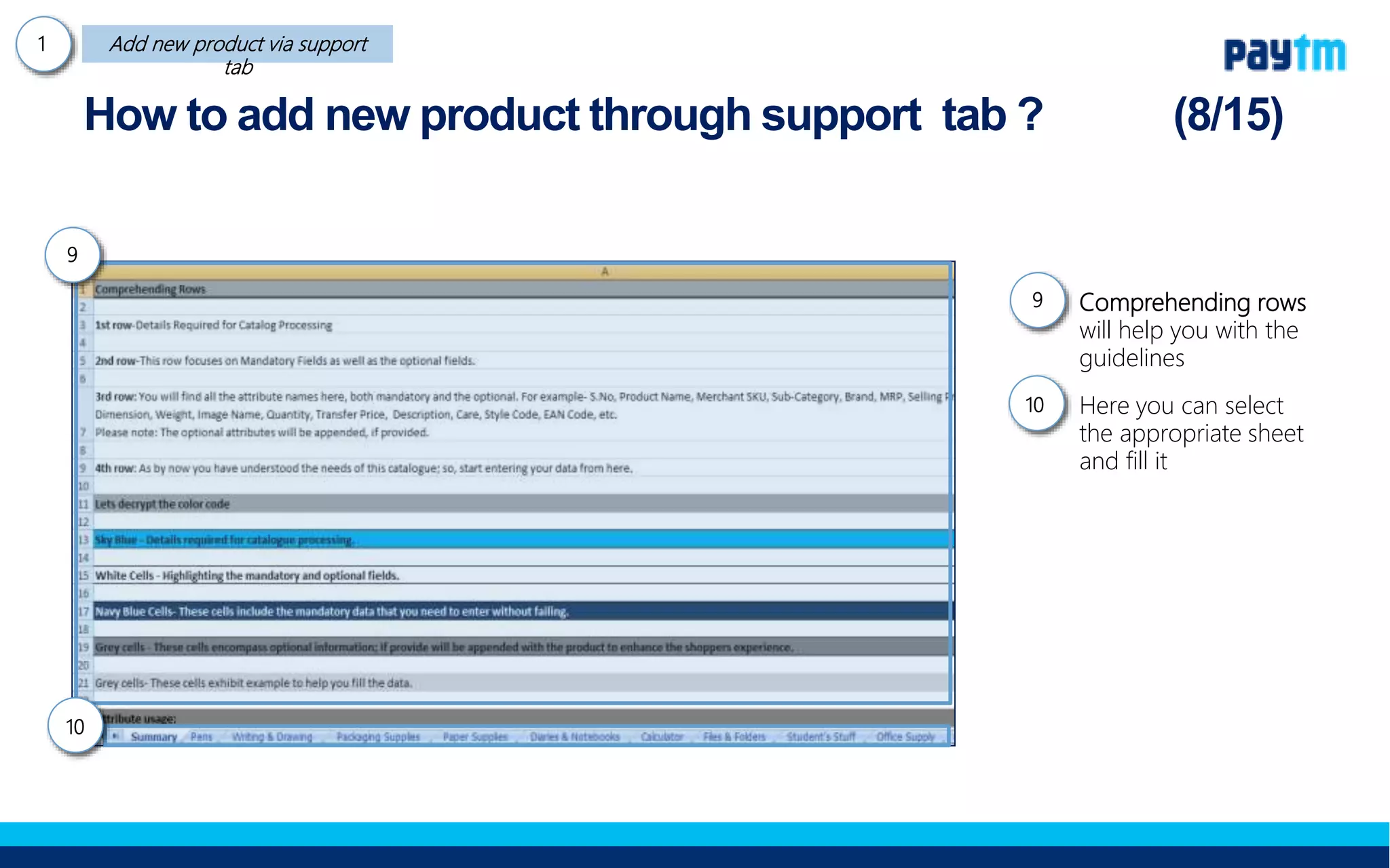 Comprehending rows
will help you with the
guidelines
Here you can select the
appropriate sheet and
fill it
How to add new product through support tab ?
9
10
9.
10.
 