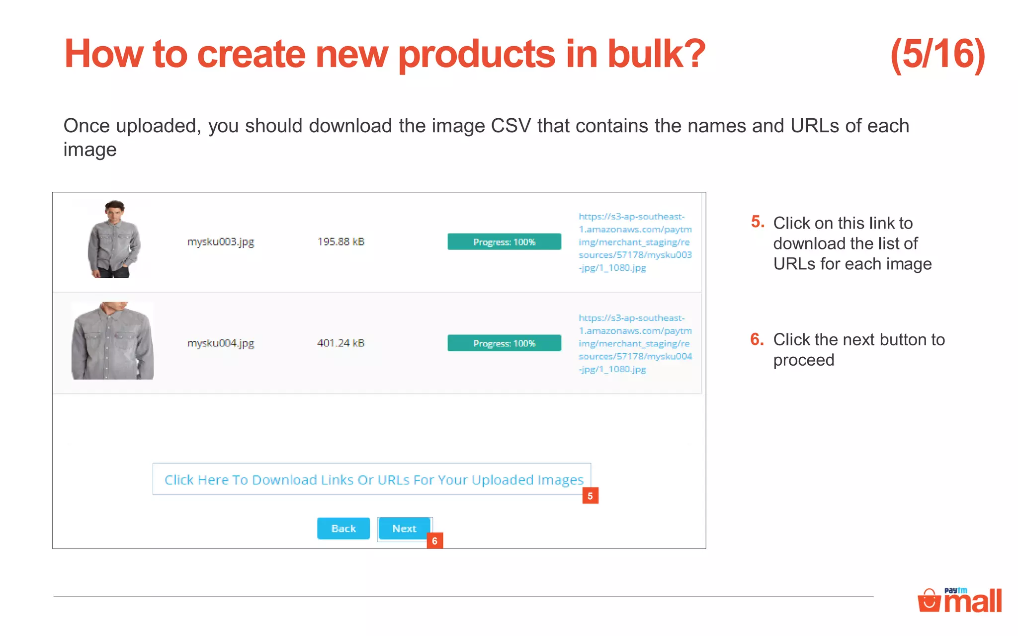 Once uploaded, you should download the image CSV that contains the names and URLs of each
image
Click on this link to
download the list of
URLs for each image
Click the next button to
proceed
How to create new products in bulk?
6
5
5.
6.
(5/16)
 