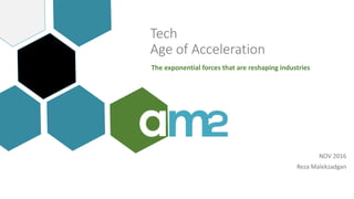 Tech
Age	of	Acceleration
NOV	2016
Reza	Malekzadgan
The	exponential	forces	that	are	reshaping	industries
 