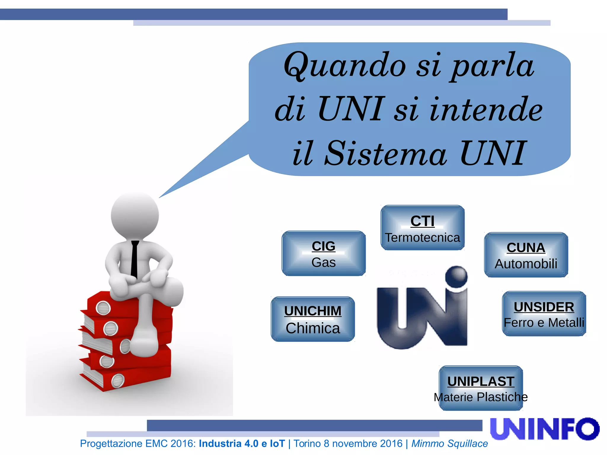 Progettazione EMC 2016: Industria 4.0 e IoT | Torino 8 novembre 2016 | Mimmo Squillace
UNICHIM
Chimica
CIG
Gas
CTI
Termotecnica
UNSIDER
Ferro e Metalli
UNIPLAST
Materie Plastiche
CUNA
Automobili
Quando si parla
di UNI si intende
il Sistema UNI
 