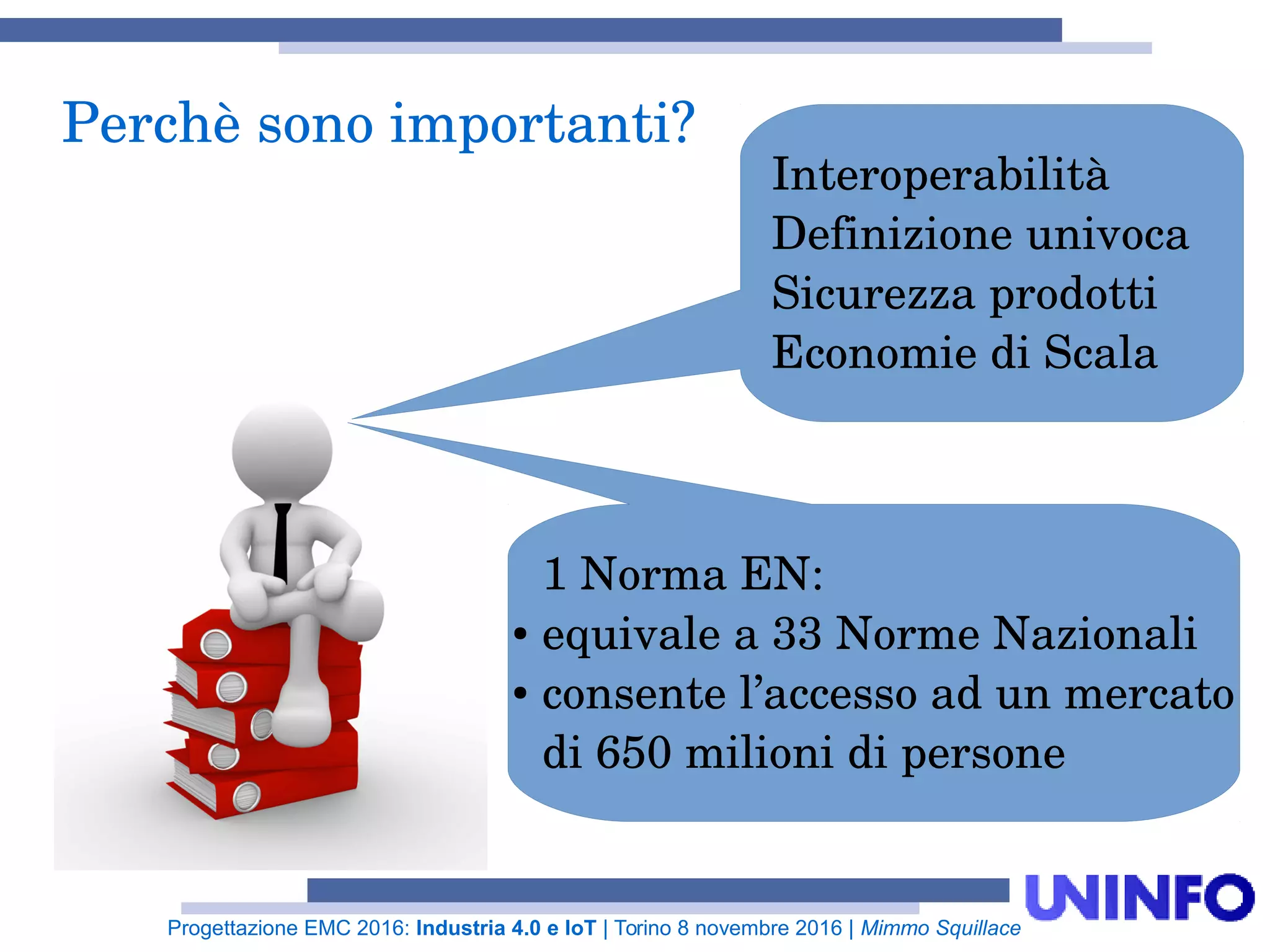 Progettazione EMC 2016: Industria 4.0 e IoT | Torino 8 novembre 2016 | Mimmo Squillace
1 Norma EN:
● equivale a 33 Norme Nazionali
● consente l’accesso ad un mercato
di 650 milioni di persone
Perchè sono importanti?
Interoperabilità
Definizione univoca
Sicurezza prodotti
Economie di Scala
 