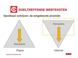 DOELTREFFENDE WEBTEKSTEN
CREATIEF SCHRIJVEN VZW
Papier Internet
Belangrijkste
Belangrijkste
Oprolbaar schrijven: de omgekeerde piramide
 