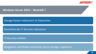 Windows Server 2016 – Weshalb ?
34
Storage Kosten reduzieren im Datacenter
Downtime der IT-Services reduzieren
IT Security erhöhen
Zeitgewinn und Risiko minimieren durch weniger «patchen»
 
