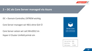 2 – DC als Core Server managed via Azure
37
DC = Domain Controller, EXTREM wichtig
Core Server managen wir NEU ohne GUI 
Core Server setzen wir seit Win2012 im
Hyper-V Cluster Umfeld primär ein
 
