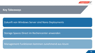 Key Takeaways
41
Zukunft von Windows Server sind Nano Deployments
Storage Spaces Direct im Rechencenter anwenden
Management Funktionen kommen zunehmend aus Azure
 