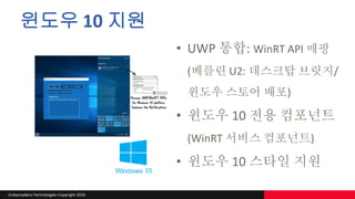 Embarcadero Technologies Copyright 2016
윈도우 10 지원
• UWP 통합: WinRT API 매핑
(베를린 U2: 데스크탑 브릿지/
윈도우 스토어 배포)
• 윈도우 10 전용 컴포넌트
(WinRT 서비스 컴포넌트)
• 윈도우 10 스타일 지원
 