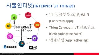 Embarcadero Technologies Copyright 2016
사물인터넷(INTERNET OF THINGS)
• 비콘, 블루투스/LE, Wi-Fi
(Connected Apps)
• Thing Connect: IoT 컴포넌트
(Getit package manager)
• 앱테더링(AppTethering)
 