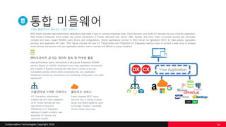 Embarcadero Technologies Copyright 2016
엔터프라이즈 급 SQL 데이터 접속 및 커넥션 풀링
High performance built-in connectivity to all popular Enterprise RDBMS
servers. Based on FireDAC developers have easy application connectivity
and a wealth of features working with data from a variety of sources.
Connection pooling vectors client connections thru your application
middleware conserving connections and simplifying configuration and client
deployment
클라우드 서비스
Easily integrate REST cloud
services from a variety of cloud,
social, and BAAS platforms such
as Google, Amazon, Facebook,
Kinvey, Parse, and more.
고성능 통합(데이터, 클라우드, 스마트 디바이스)
통합 미들웨어
RAD Studio includes high performance integrations that make it easy to connect Enterprise Data, Cloud Services, and Smart IoT devices into your multi-tier application.
RAD Studio’s Enterprise DACs enable fast pooled connections to Oracle, Microsoft SQL Server, DB2, Sybase, and more. Client connection pooling also eliminates
complex and heavy weight RDBMS client drivers and configurations. Clients applications connect to RAD Server via lightweight REST for data access, application
services, and application API calls. RAD Server includes the new IoT ThingConnect and ThingPoint IoT Edgeware making it easy to connect a wide array of wireless
smart devices and sensors into your application solution, even in remote and difficult to access locations.
사물인터넷 스마트 디바이스
IoT Connection components
enables fast and easy integration
of IoT Smart devices into your
app clients or back-end.
RADServer’s IoT Edgeware
extends it’s reach to where your
Bluetooth IoT devices are
physically located.
Your Application
50
 