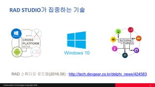 Embarcadero Technologies Copyright 2016
RAD STUDIO가 집중하는 기술
CROSS
PLATFORM
NATIVE
6
RAD 스튜디오 로드맵(2016.08) : http://tech.devgear.co.kr/delphi_news/424583
 