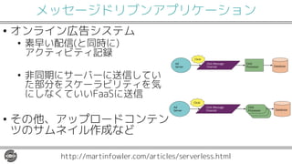 メッセージドリブンアプリケーション
• オンライン広告システム
• 素早い配信(と同時に)
アクティビティ記録
• 非同期にサーバーに送信してい
た部分をスケーラビリティを気
にしなくていいFaaSに送信
• その他、アップロードコンテン
ツのサムネイル作成など
http://martinfowler.com/articles/serverless.html
 