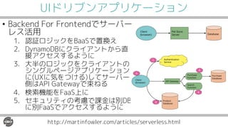 UIドリブンアプリケーション
• Backend For Frontendでサーバー
レス活用
1. 認証ロジックをBaaSで置換え
2. DynamoDBにクライアントから直
接アクセスするように
3. 大半のロジックをクライアントの
シングルページアプリケーション
に(UXに気をつける)してサーバー
側はAPI Gatewayで束ねる
4. 検索機能をFaaS上に
5. セキュリティの考慮で課金は別DB
に別FaaSでアクセスするように
http://martinfowler.com/articles/serverless.html
 