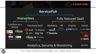 • GitHub Pages や S3 でのSPAのホスティングも
現在は「サーバーレス」の中に含む
http://www.slideshare.net/acloudguru/ant-stanley-being-serverless
 