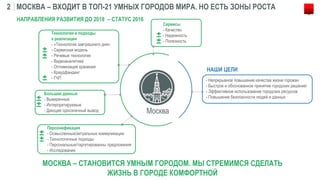 МОСКВА – ВХОДИТ В ТОП-21 УМНЫХ ГОРОДОВ МИРА. НО ЕСТЬ ЗОНЫ РОСТА2
МОСКВА – СТАНОВИТСЯ УМНЫМ ГОРОДОМ. МЫ СТРЕМИМСЯ СДЕЛАТЬ
ЖИЗНЬ В ГОРОДЕ КОМФОРТНОЙ
Москва
Персонификация
- Осмысленные/актуальные коммуникации
- Технологичные подходы
- Персональные/таргетированны предложения
- Исследования
Большие данные
- Выверенные
- Интерпретируемые
- Дающие однозначный вывод
Сервисы
- Качество
- Надежность
- Полезность
Технологии и подходы
к реализации
- «Технологии завтрашнего дня»
- Сервисная модель
- Речевые технологии
- Видеоаналитика
- Оптимизация хранения
- Краудфандинг
- ГЧП
НАПРАВЛЕНИЯ РАЗВИТИЯ ДО 2018 – СТАТУС 2016
НАШИ ЦЕЛИ
- Непрерывное повышение качества жизни горожан
- Быстрое и обоснованное принятие городских решений
- Эффективное использование городских ресурсов
- Повышение безопасности людей и данных
 