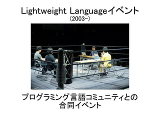 プログラミング言語コミュニティとの
合同イベント
Lightweight Languageイベント
(2003-)
 