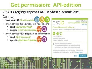 PHOTO: electronic circuit board
www.flickr.com/photos/creative_stock/5227842611
Get permission: API-edition
orcid.org
ORCID registry depends on user-based permissions:
Can I...
• have your iD (/authenticate)
• interact with the activities on your record
• read (/activities/read)
• update (/activities/update)
• interact with your biographical information
• read (/person/read)
• update (/person/update)
 