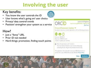 PHOTO: Job Meeting
www.flickr.com/photos/jobmeeting/14375164286
Involving the user
orcid.org
Key benefits:
• You know the user controls the iD
• User knows what’s going on/ user choice
• Privacy/ data control trends
• Position/ strengthen your system as a service
How?
• Just a “fancy” URL
• Prior iD not needed
• Hard things: promotion, finding touch points
 