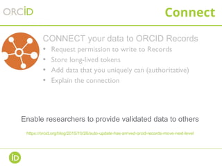 Connect
CONNECT your data to ORCID Records
• Request permission to write to Records
• Store long-lived tokens
• Add data that you uniquely can (authoritative)
• Explain the connection
Enable researchers to provide validated data to others
https://orcid.org/blog/2015/10/26/auto-update-has-arrived-orcid-records-move-next-level
 
