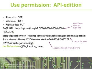 PHOTO: electronic circuit board
www.flickr.com/photos/creative_stock/5227842611
Use permission: API-edition
• Read data: GET
• Add data: POST
• Update data: PUT
BASE URL: https://api.orcid.org/v2.0/0000-0000-0000-0000
HEADERS:
accept:application/json (reading) content-type:application/json (adding /updating)
Authorization: Bearer 6710dfee-6aab-445b-a266-205dd9085273
DATA (if adding or updating):
the file location=@file_location_name
Modifiers:
/works
/update
data format
Access token from before
 