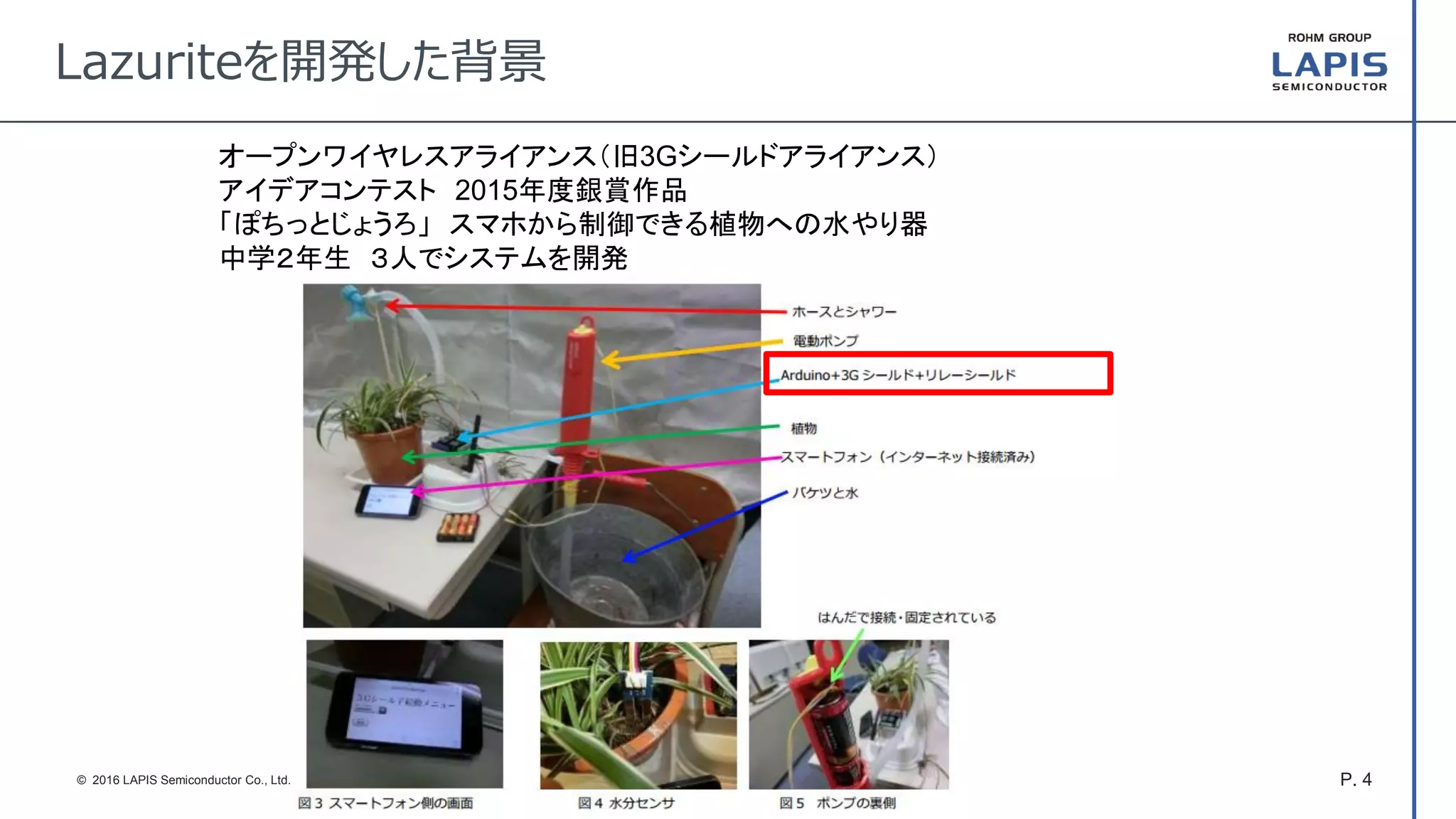 P. 4© 2016 LAPIS Semiconductor Co., Ltd.
Lazuriteを開発した背景
オープンワイヤレスアライアンス（旧3Gシールドアライアンス）
アイデアコンテスト 2015年度銀賞作品
「ぽちっとじょうろ」 スマホから制御できる植物への水やり器
中学２年生 ３人でシステムを開発
 