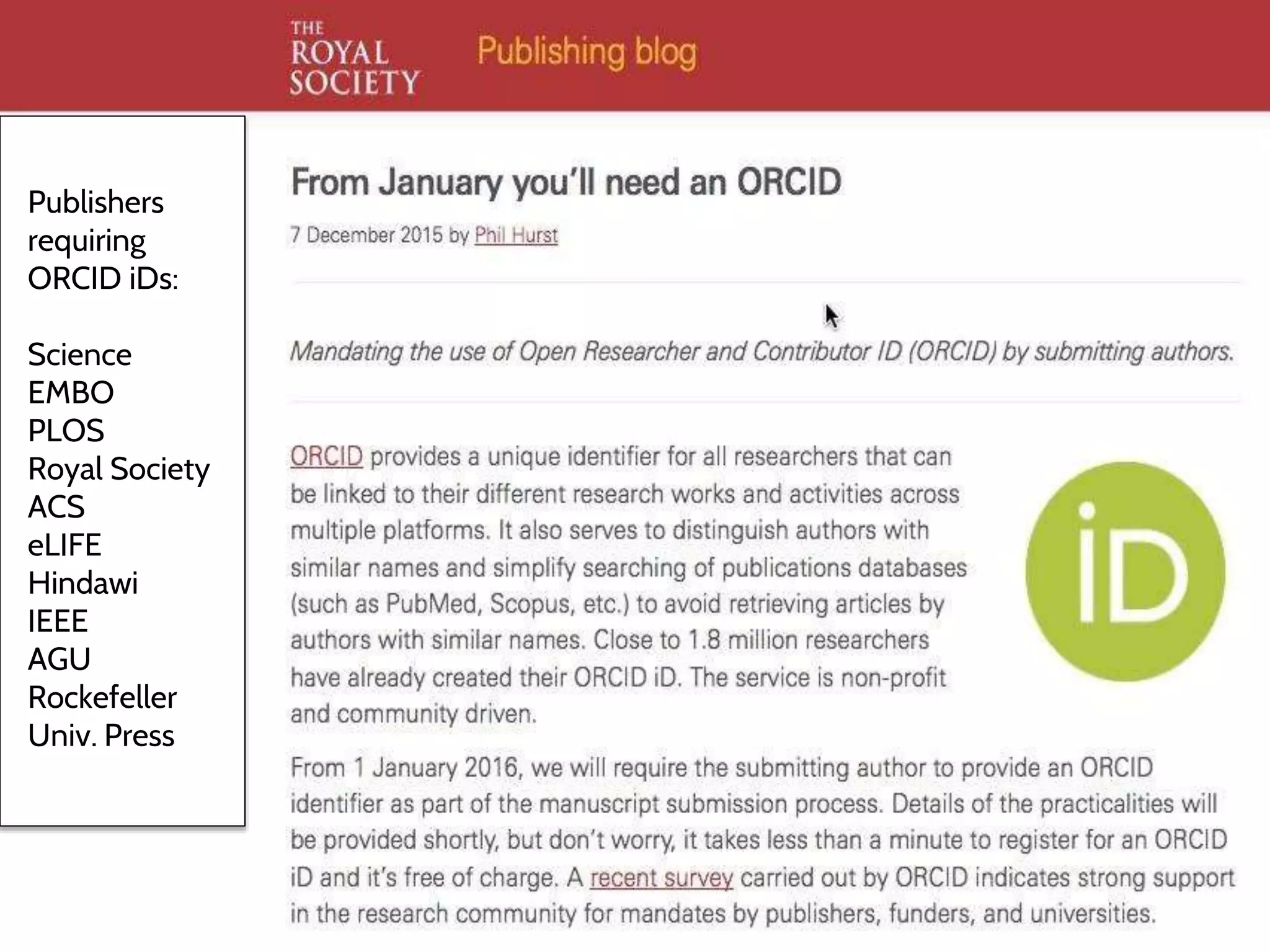 Publishers
requiring
ORCID iDs:
Science
EMBO
PLOS
Royal Society
ACS
eLIFE
Hindawi
IEEE
AGU
Rockefeller
Univ. Press
 