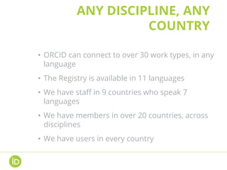 ORCID ENABLES ASSERTIONS
Organizations are
use ORCID APIs to
authenticate, collect,
display, and connect
persistent identi...